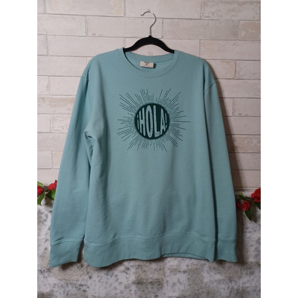 medium Latino Heritage Month Spanish HOLA! Mint Blue Sweatshirt, Size Medium